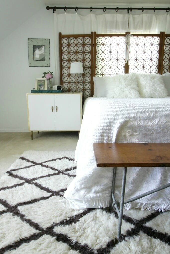 Modern Boho Master Bedroom in White & Wood & Gold