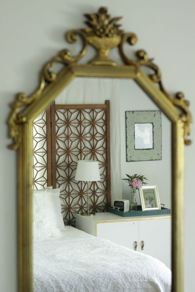 Modern Boho Master Bedroom in White, Wood, Gold