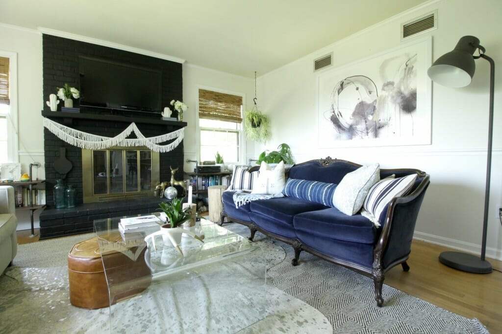 Vintage Navy Sofa in Eclectic Boho Living Room