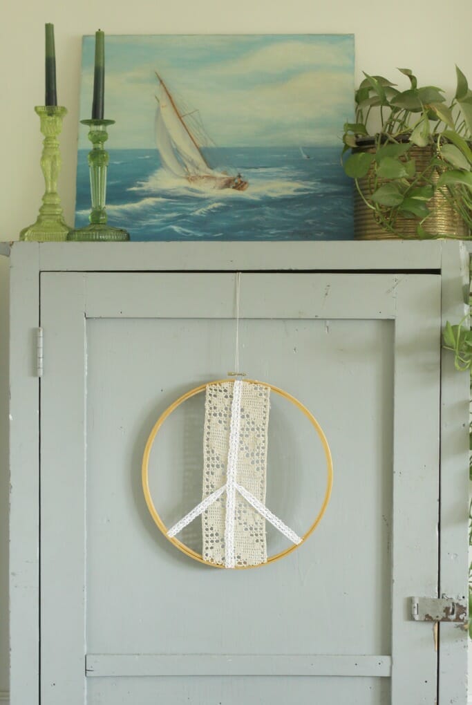 Boho Peace Hanging, Green Glass Candlesticks, Vintage Sailboat Painting