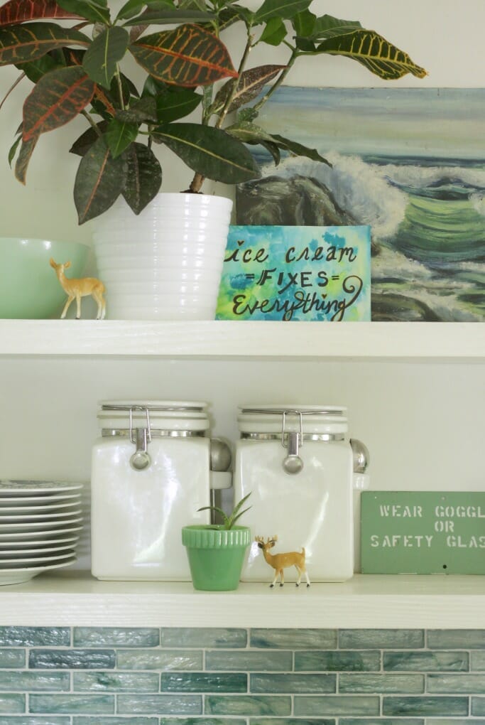 Kitchen shelves styled in blues and greens for Summer