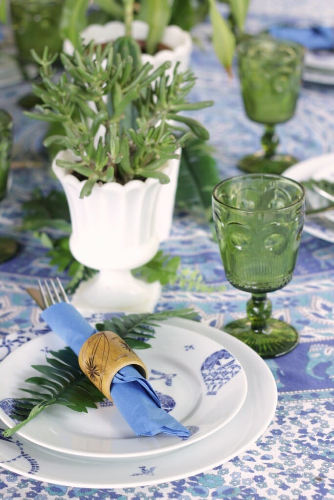 Blue and White dishes, green glass goblets, thrifty boho tablescape 