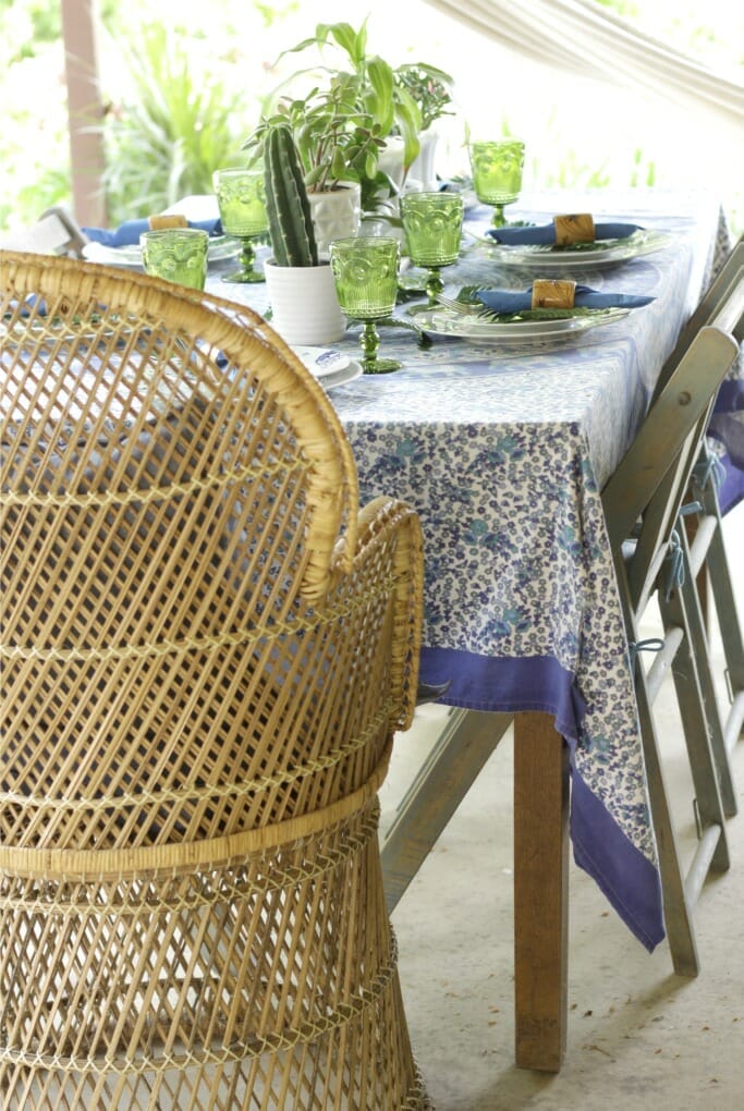 Thrifty Boho Blue and Green Porch Tablescape
