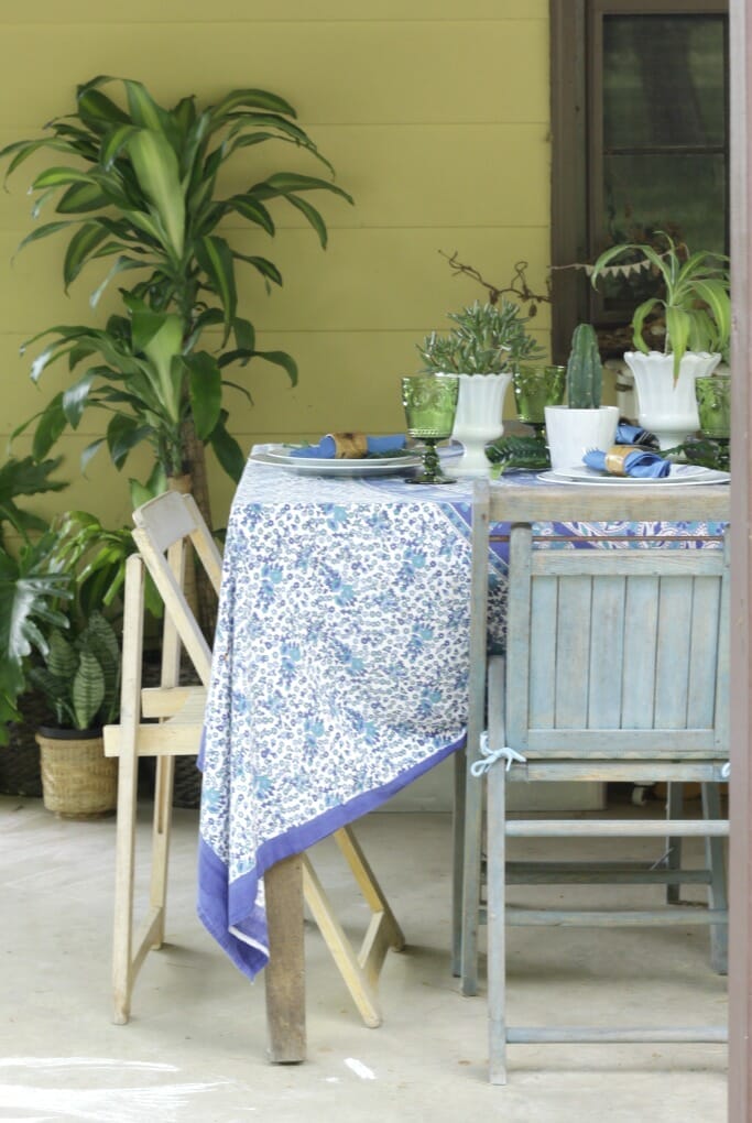 Thrifty Boho Tablescape in blue and green