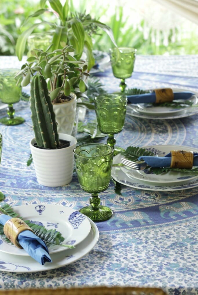 Thrifty Boho Tablescape in Blues and Greens