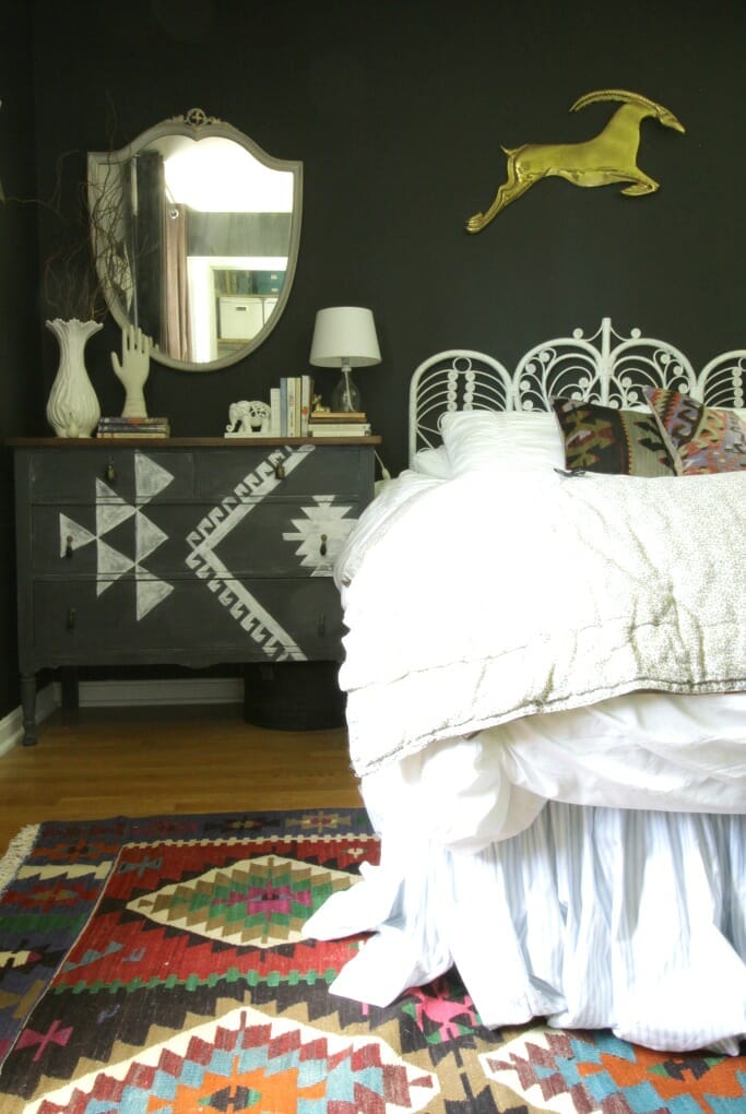 Vintage Kilim in Guest Room; Kilim Painted Dresser