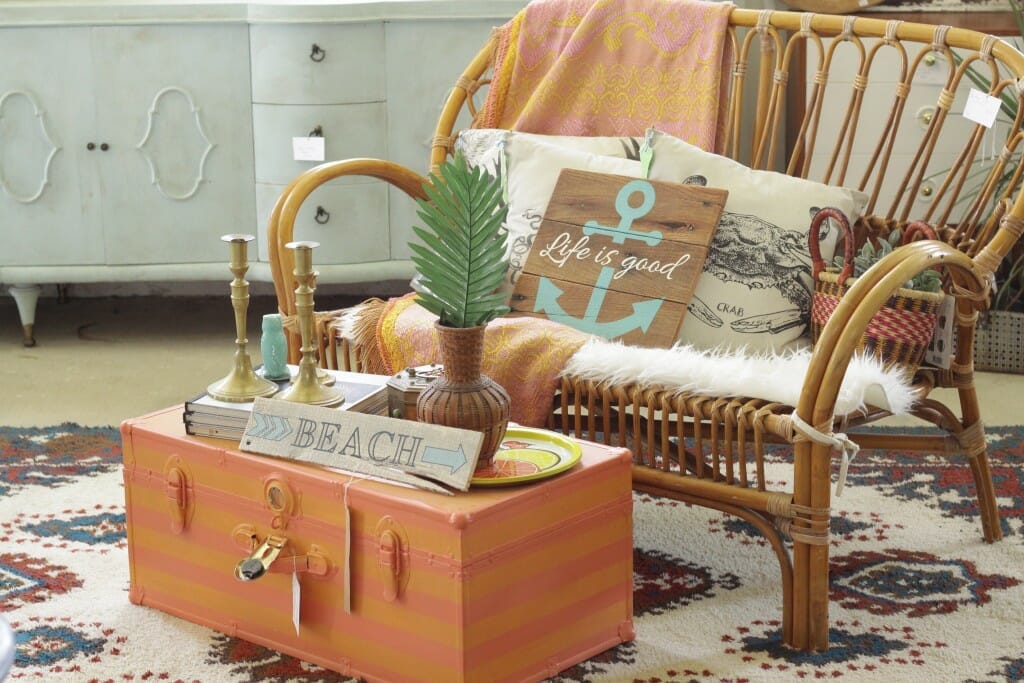 Vintage Rattan Settee and trunk at Sweet Clover