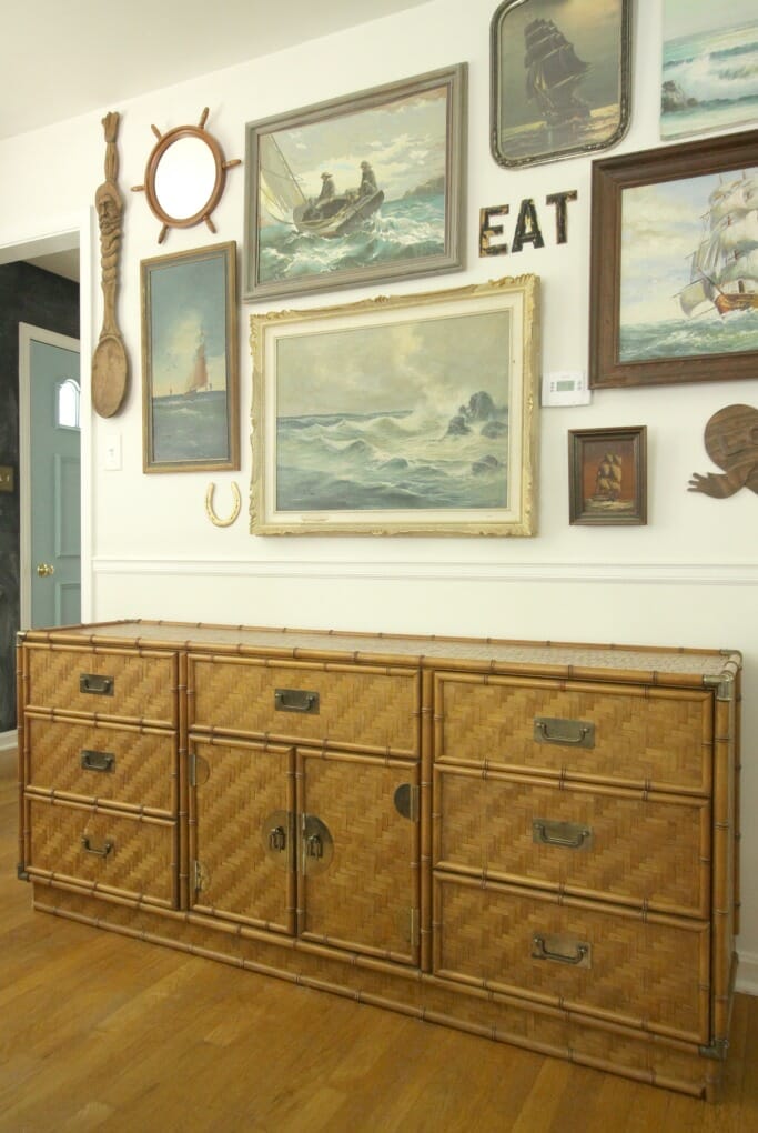 Vintage Campaign Bamboo Dresser with Nautical Gallery Wall