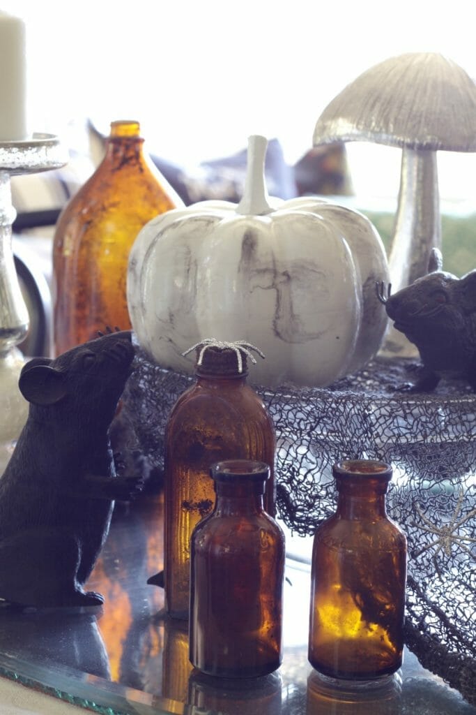 Amber bottles on Halloween Table