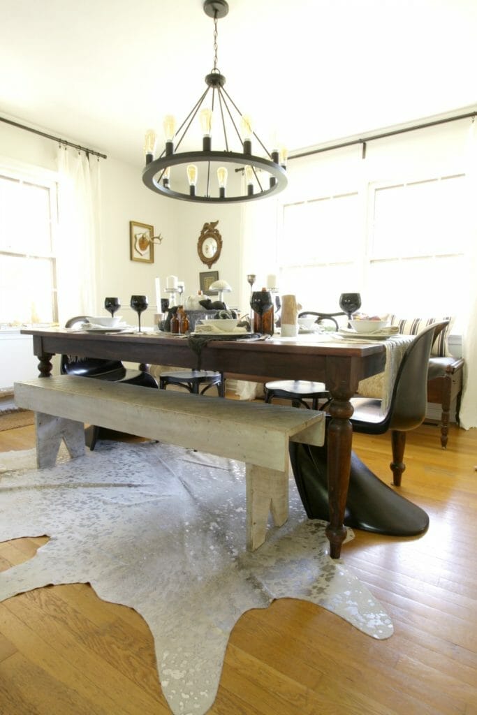 Eclectic Black, White, and Metallic Dining Room at Halloween