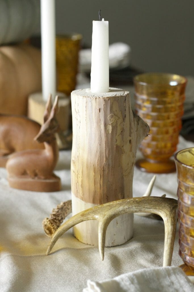 Rustic Log Candlestick & Antlers on Fall Table