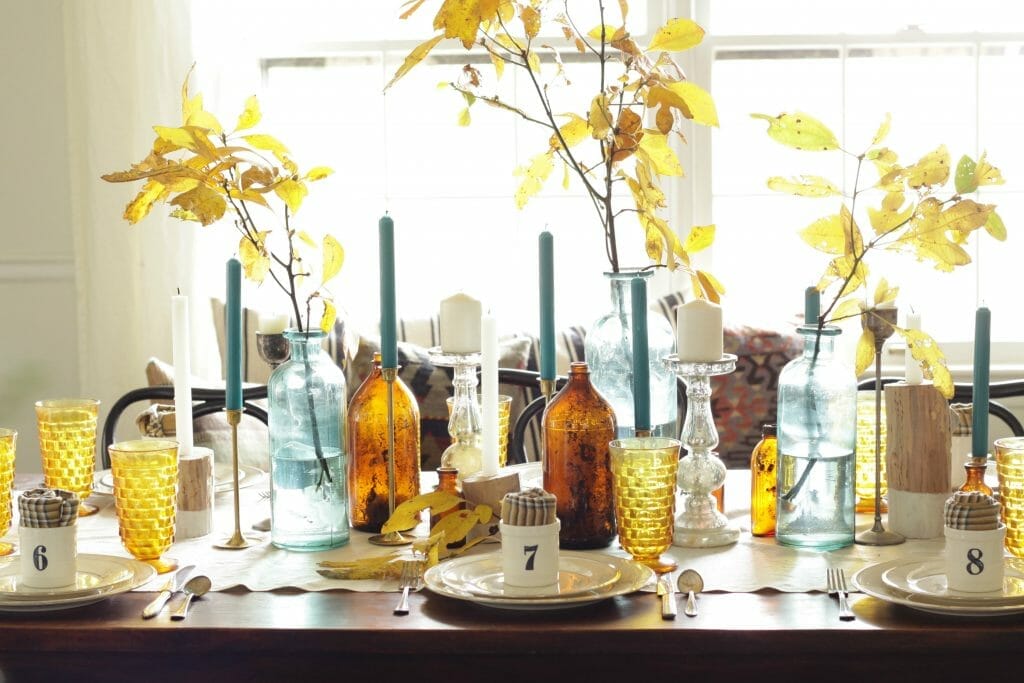 Amber and Aqua Thanksgiving Table- Mixed Styles, with leaves
