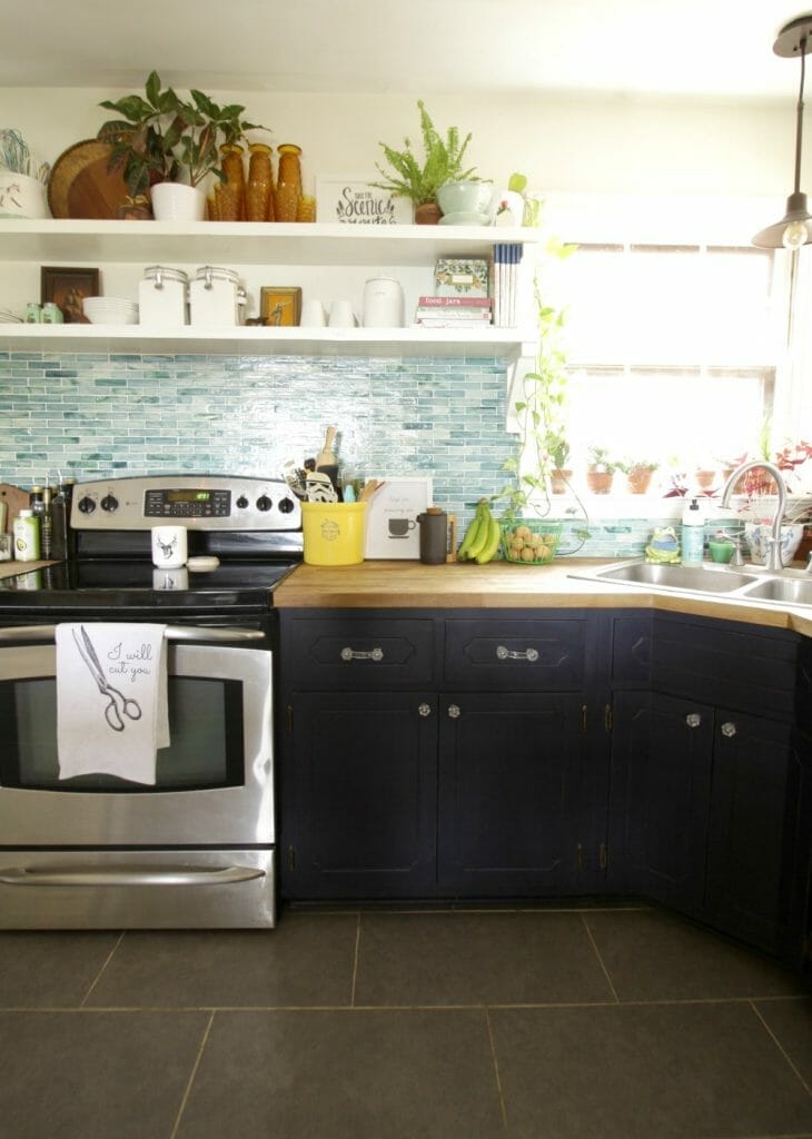 Farmhouse Style Kitchen with Open Shelving- Navy and Aqua, White and Amber