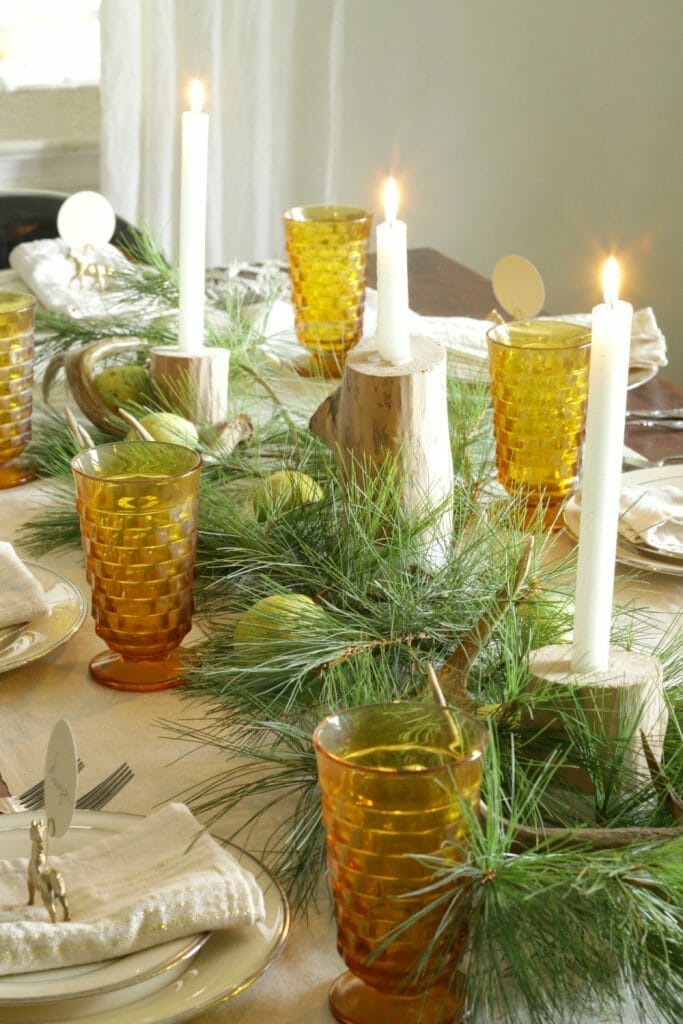 Centerpiece of Antlers, Pine, Pears, Candles