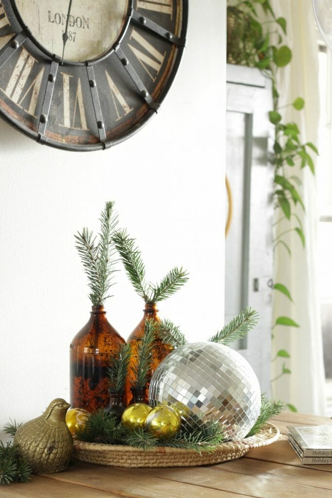Amber glass, gold ornaments, greenery,disco ball