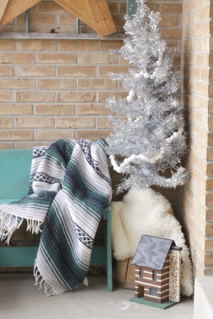 Silver Tinsel Tree on Bohemian Christmas Porch