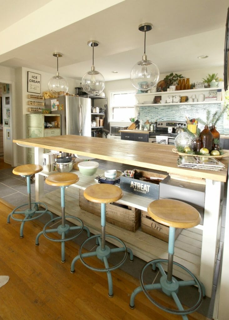 Industrial Kitchen Island with vintage stools