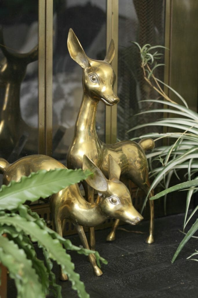 Vintage Brass Deer with Plants on Hearth- Winter Mantle