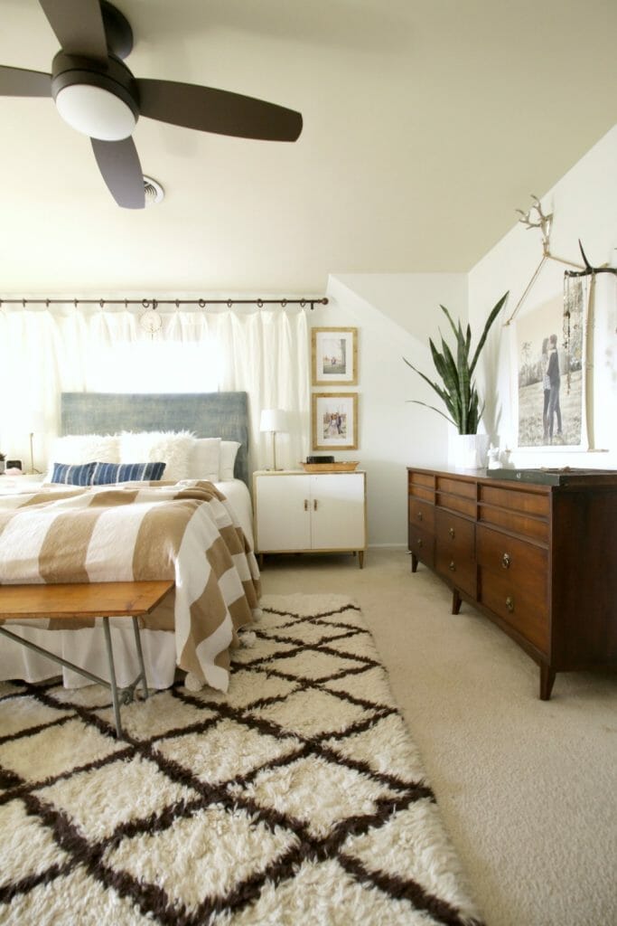 Modern Boho Bedroom in Blue & White & Wood