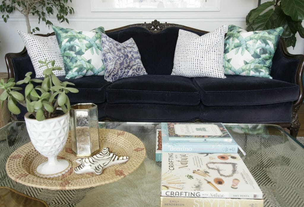 Vintage Navy Velvet Sofa- Blue Green Styling
