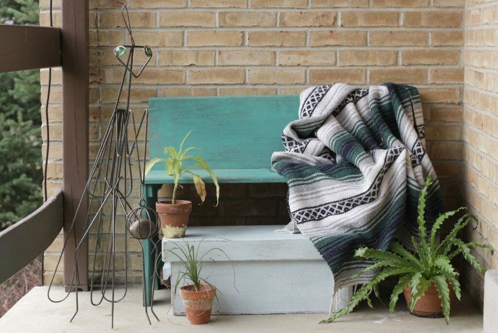 Boho Spring Porch Decor- Entry- Bench and Mexican Blanket and Plants