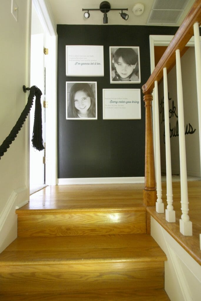 Black and White and Wood Staircase and Hallway makeover- One Room Challenge