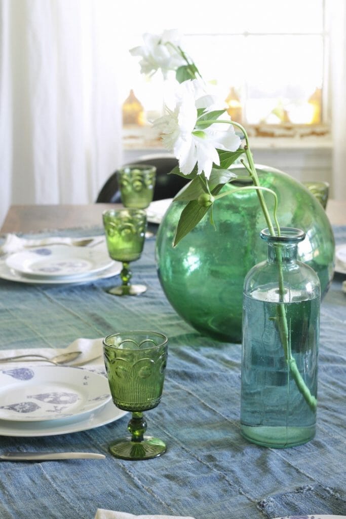 Blue, Green, White, Eclectic Coastal Dining Table