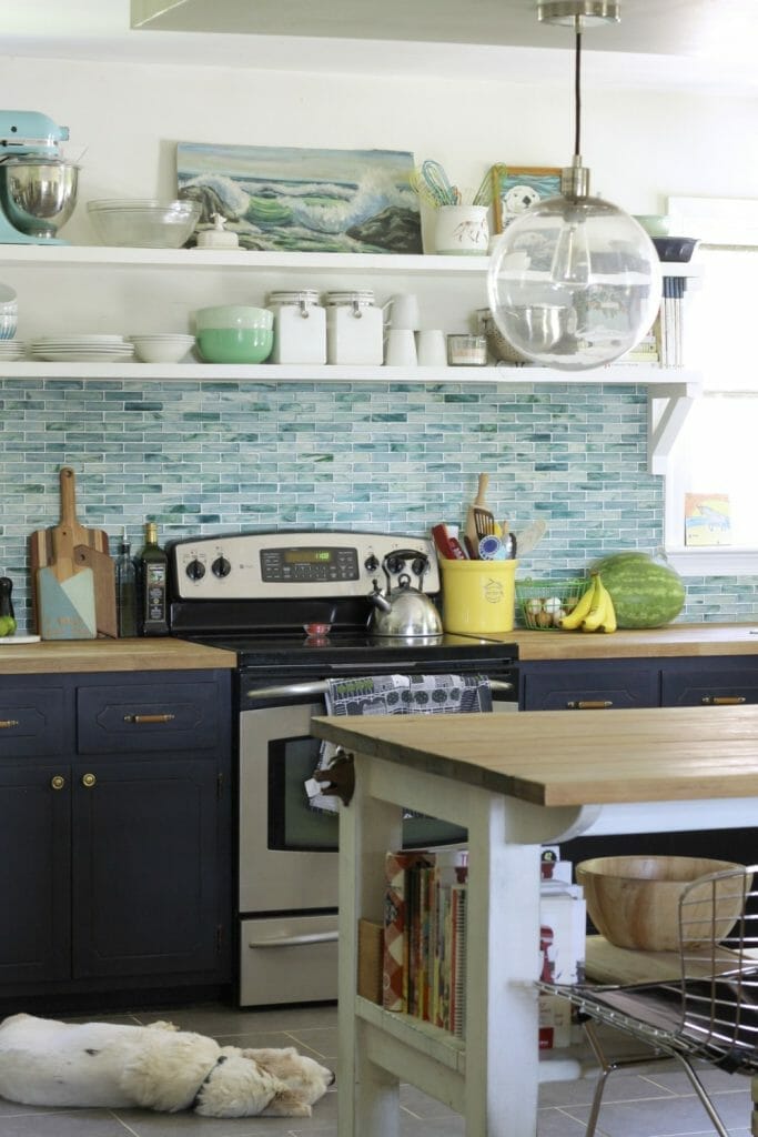 Eclectic Aqua and Navy Modern Farmhouse Kitchen