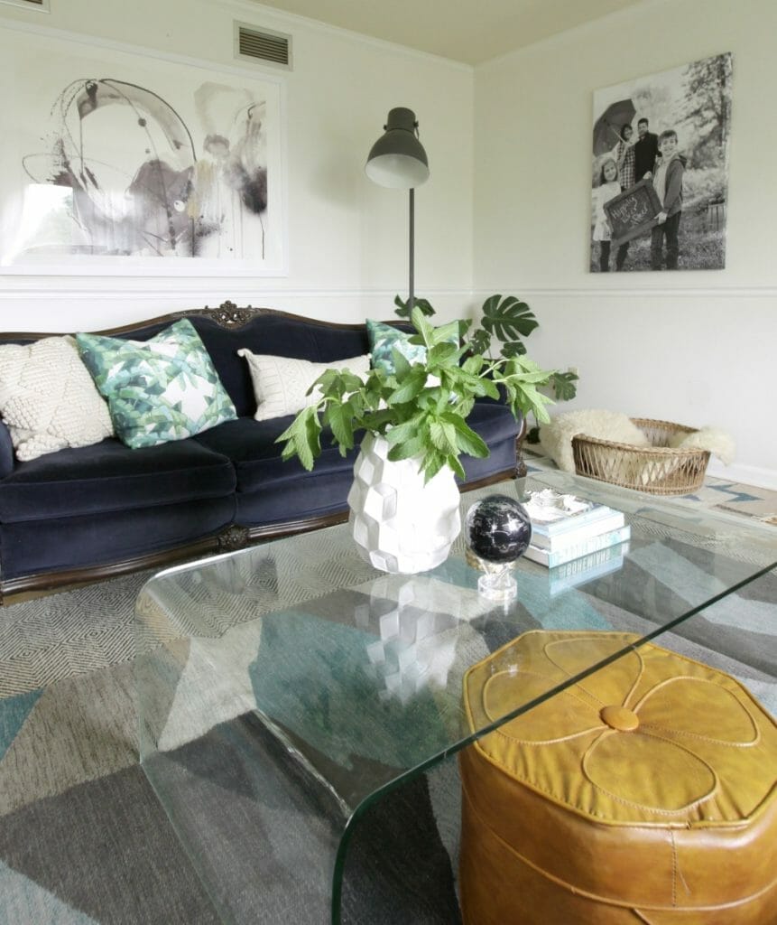 Modern Boho Gray and Blue Living Room 