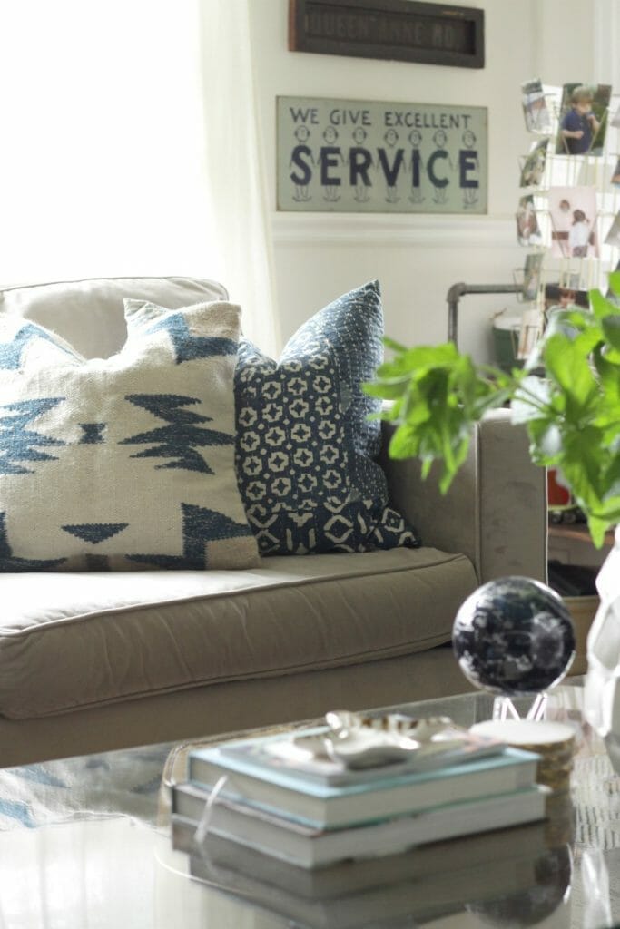 Cream and Indigo Blue Pillows- Eclectic Living Room