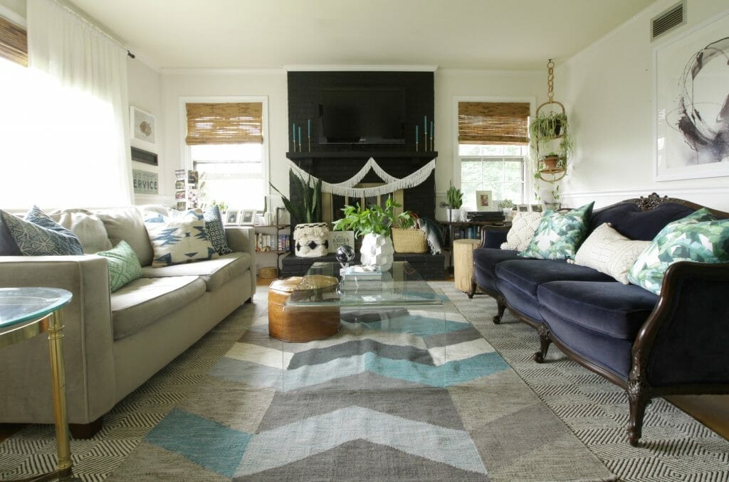 Modern Boho Summer Living Room in Blues and Greens