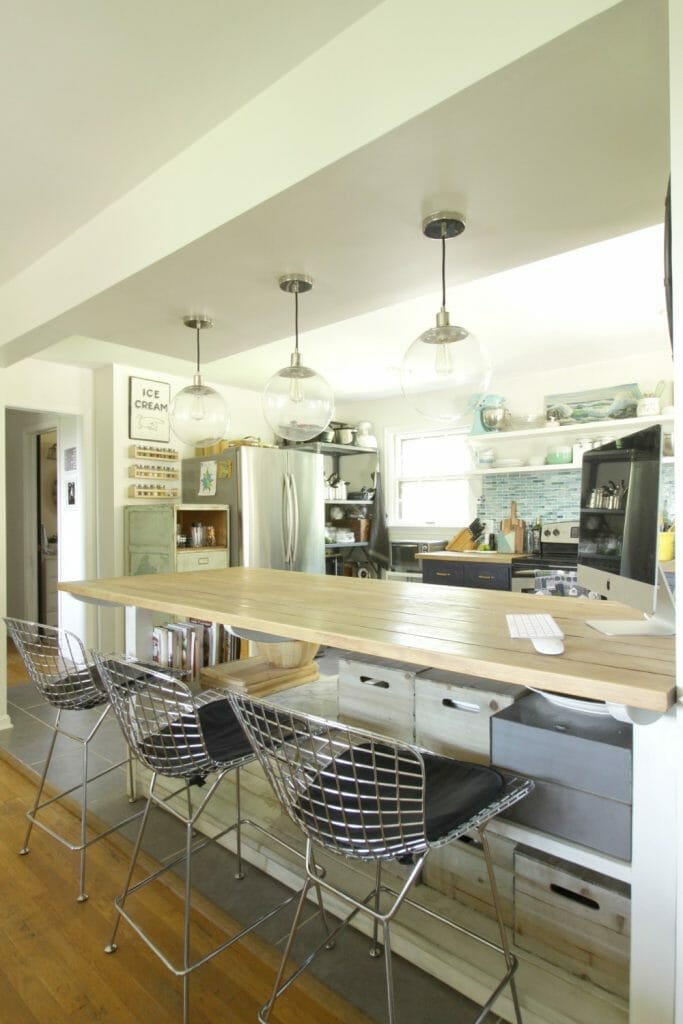 Rustic Kitchen Island with Modern Stools