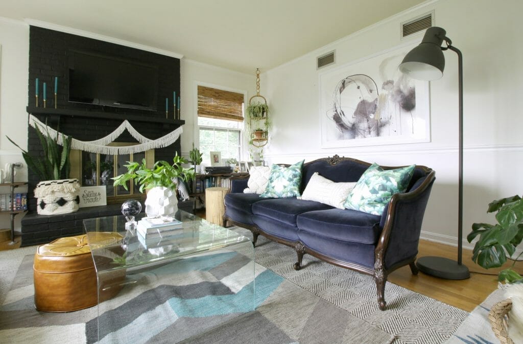Navy Vintage Velvet Sofa in Eclectic Summer Living Room 