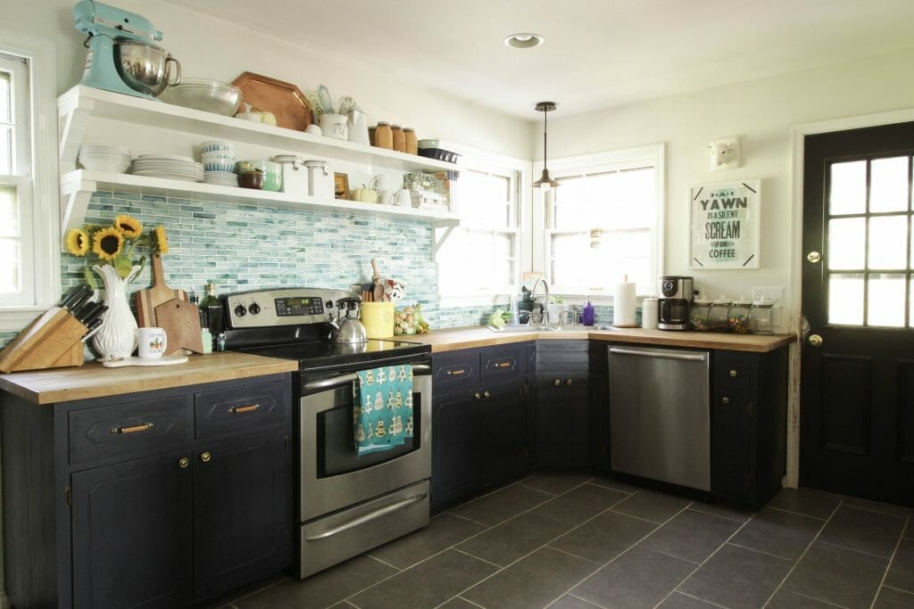Eclectic Navy and Aqua Farmhouse Kitchen with Open Shelving
