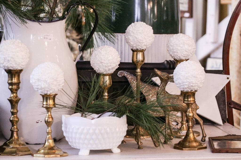 Vintage Brass Candlesticks with snowballs- great Christmas mantle idea