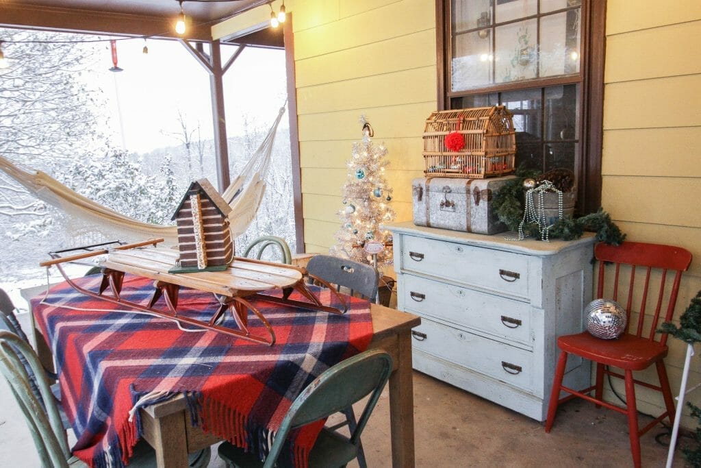 Vintage Farmhouse Style Red & Blue Christmas Porch
