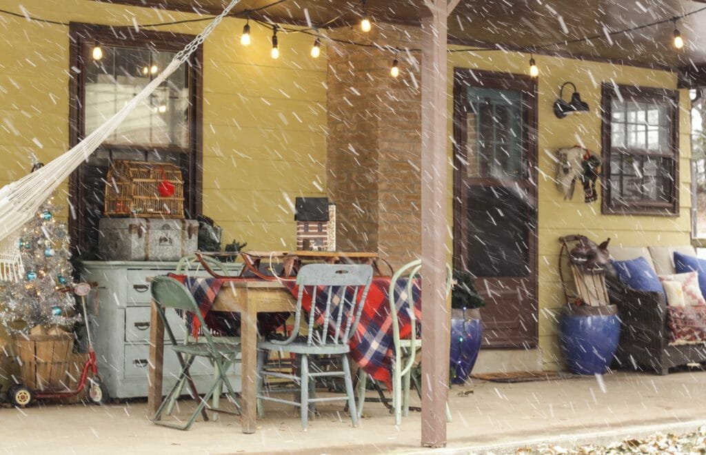 Snow Falling on Christmas Porch