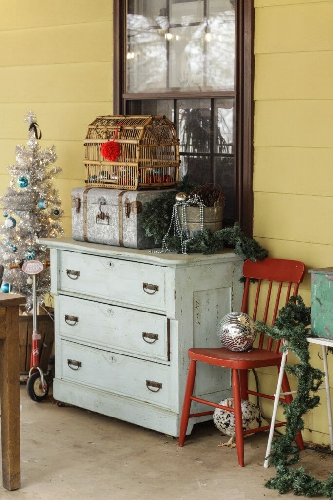 Vintage Dresser on Farmhouse Christmas Porch