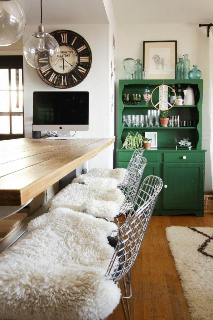 Industrial Modern Kitchen island and Green Vintage Hutch- Eclectic kitchen style