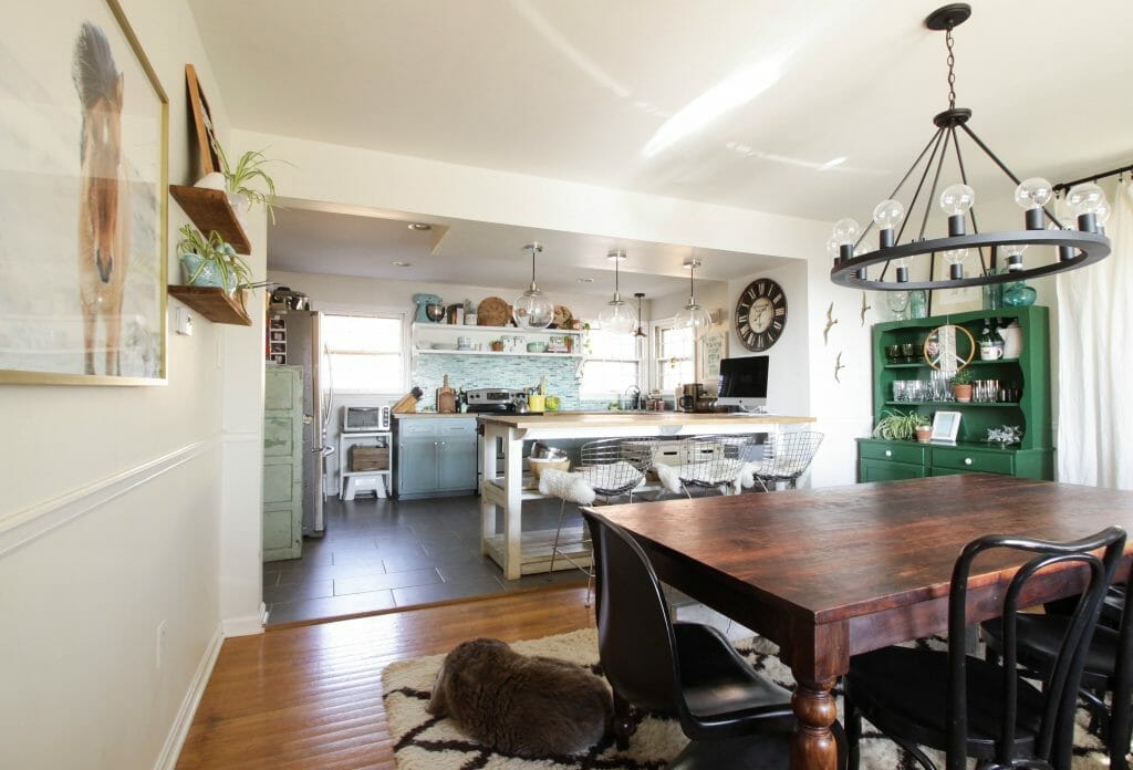 Kitchen and Dining Room open to one another in blues and greens