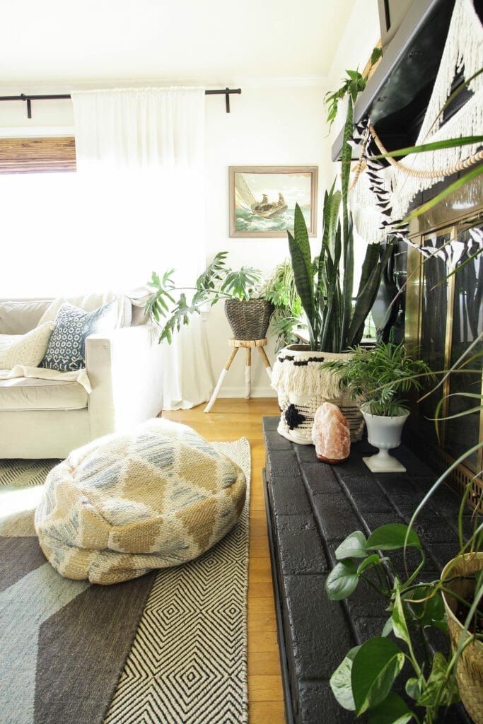 Vintage art, plants, eclectic boho living room