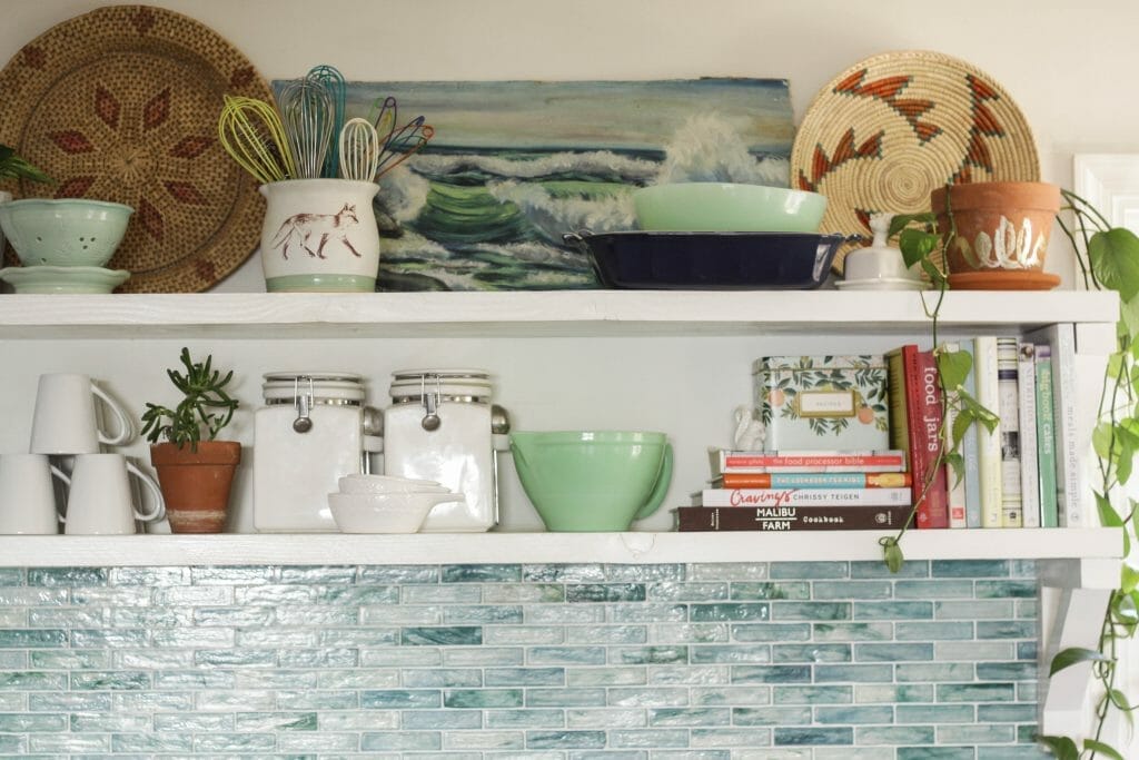 Styled Kitchen Shelves for Spring in blues, and greens