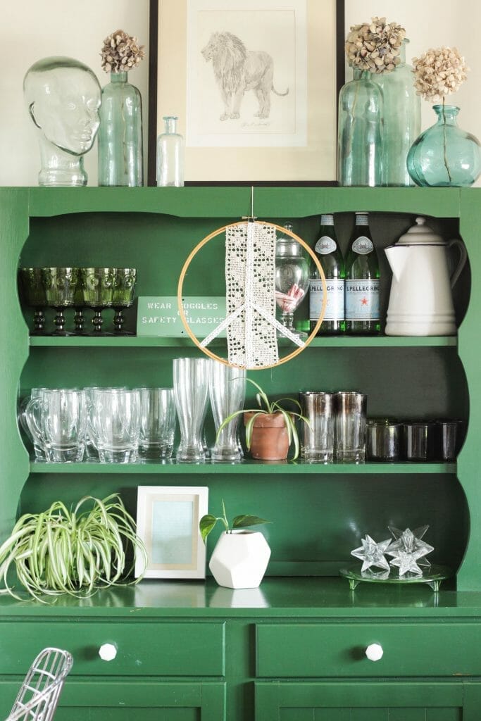 Green Hutch styled for Spring
