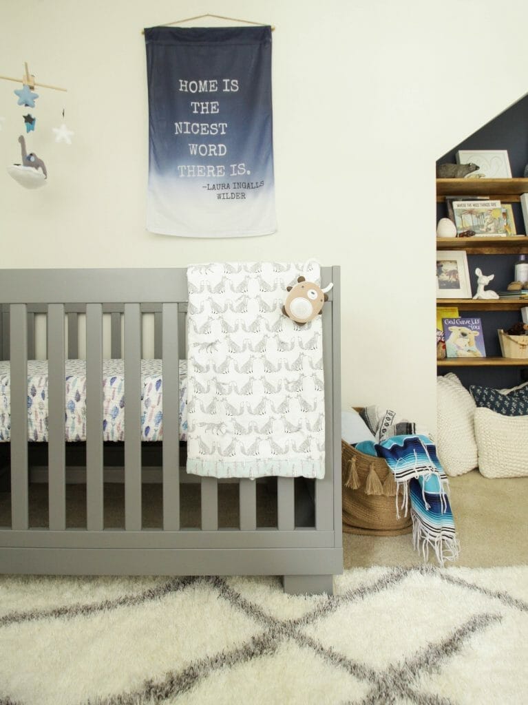 Babyletto Modern modo gray crib with touches of blue