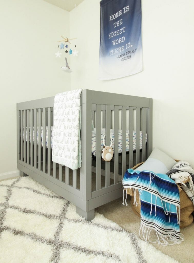Modern Gray Crib by Babyletto in boys' nursery.