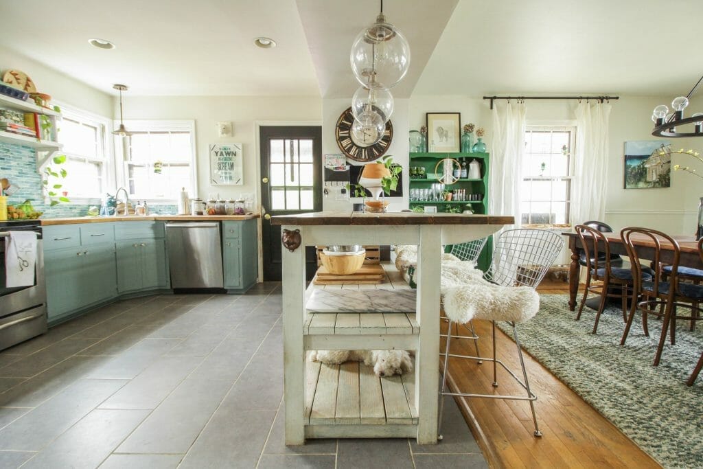 Eclectic Open kitchen and dining in aqua and green