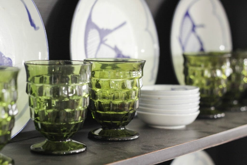 Vintage Green Goblets with blue and white dishes