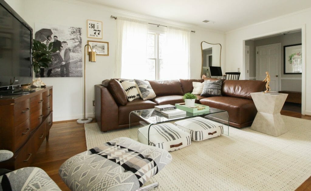 Bassett Furniture Modern Boho Living Room in Black, white, gray, brown, gold