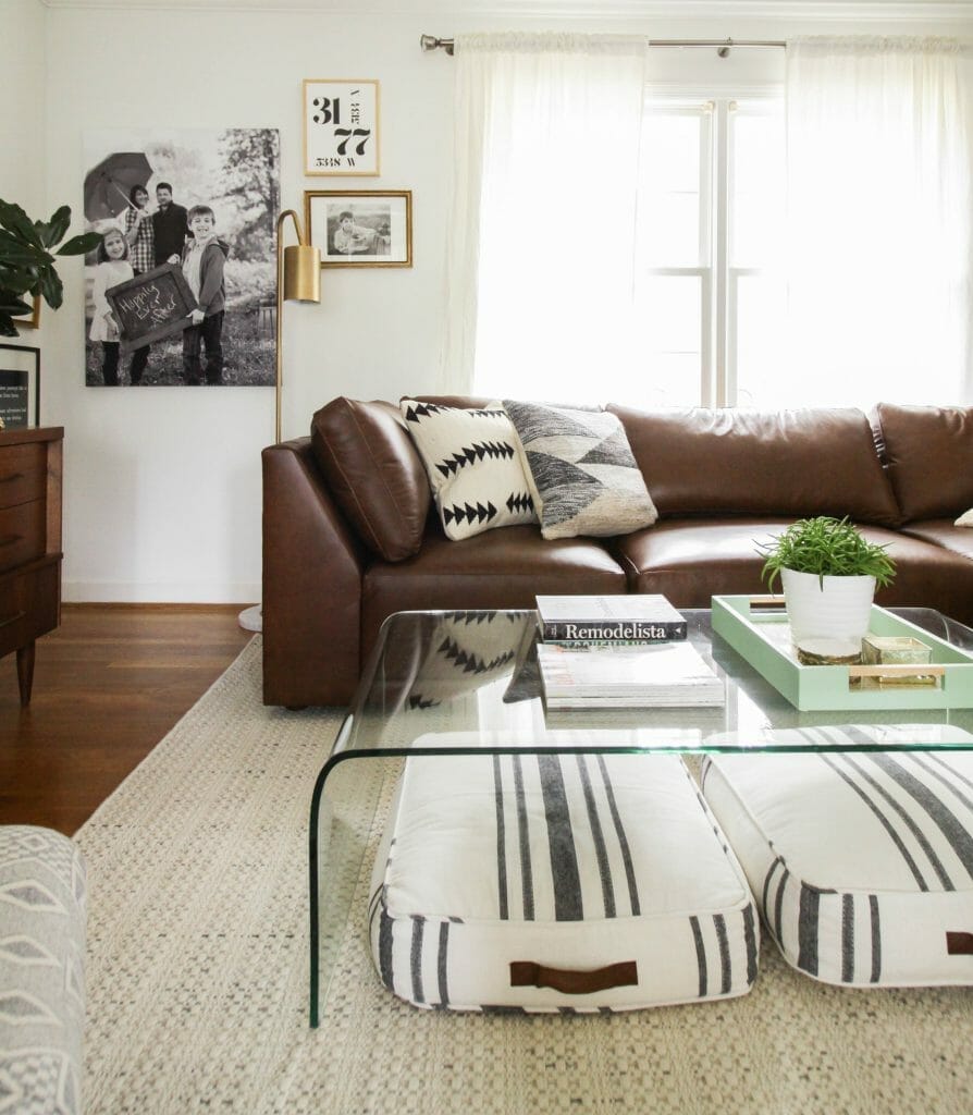 Bassett furniture modern leather sectional- neutral boho living room