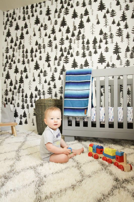 Gender Neutral White Nursery with wallpaper